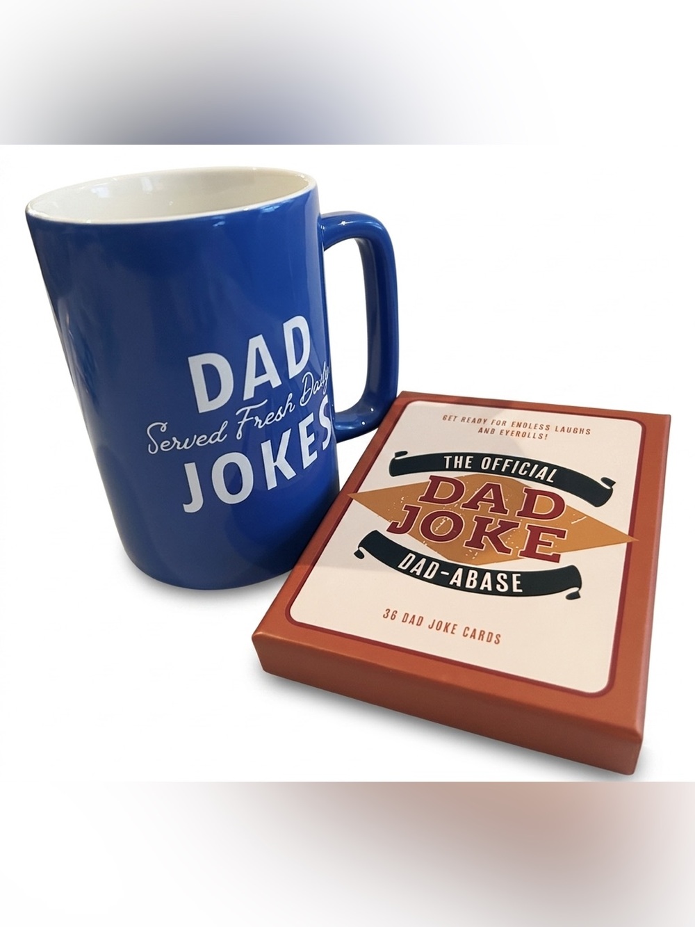 Dad Joke Gift Bundle | Blue "Served Fresh Daily" Mug & "Dad-Abase" Card Deck Set